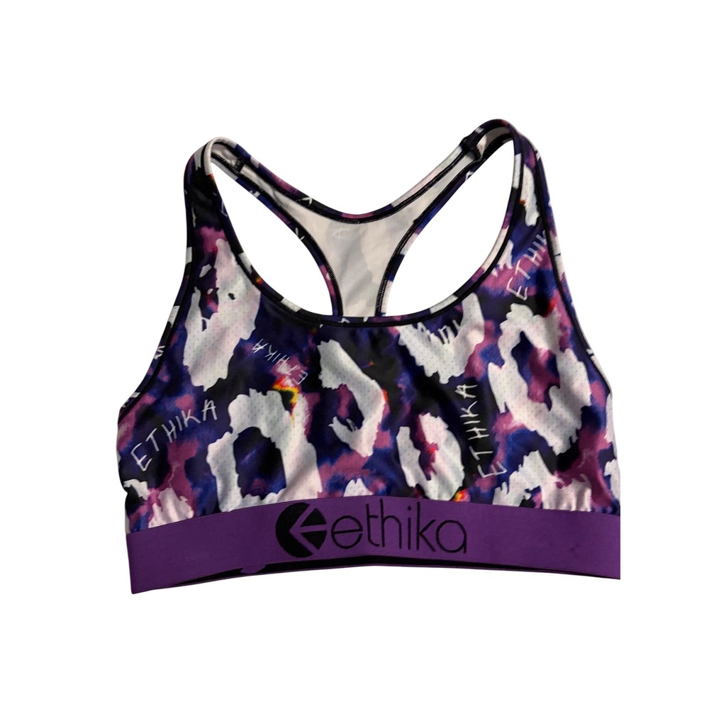 Ethika Womens Purple Blue Leopard‎ Print Racerback Sports Bra Activewear